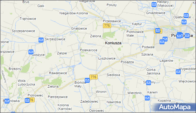 mapa Łyszkowice gmina Koniusza, Łyszkowice gmina Koniusza na mapie Targeo