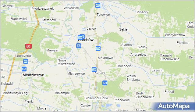 mapa Malanowo gmina Brochów, Malanowo gmina Brochów na mapie Targeo