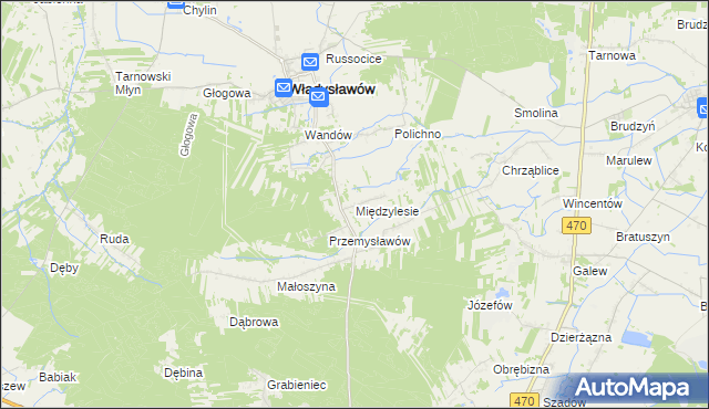 mapa Międzylesie gmina Władysławów, Międzylesie gmina Władysławów na mapie Targeo