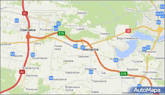 mapa Mierzęcice, Mierzęcice na mapie Targeo