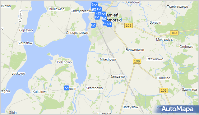 mapa Miłachowo gmina Kamień Pomorski, Miłachowo gmina Kamień Pomorski na mapie Targeo
