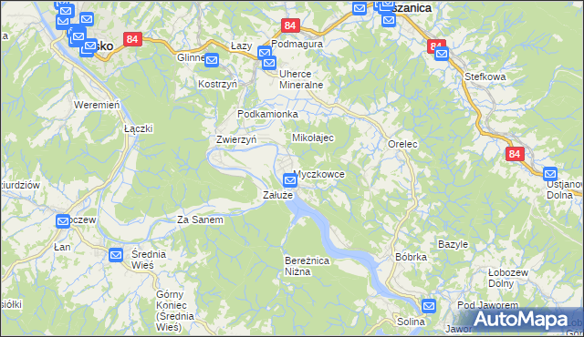 mapa Myczkowce, Myczkowce na mapie Targeo