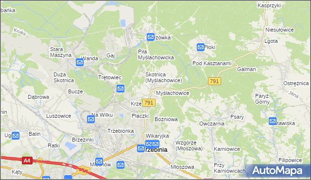 mapa Myślachowice, Myślachowice na mapie Targeo