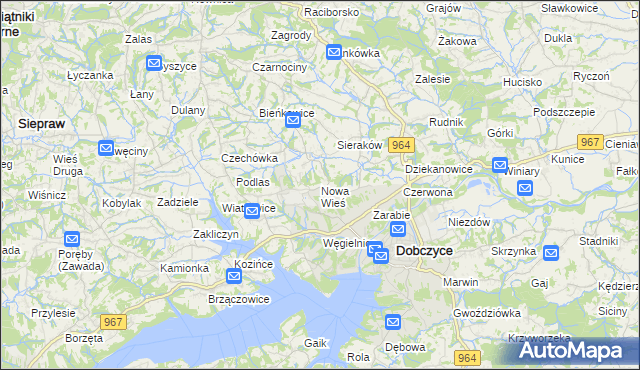 mapa Nowa Wieś gmina Dobczyce, Nowa Wieś gmina Dobczyce na mapie Targeo