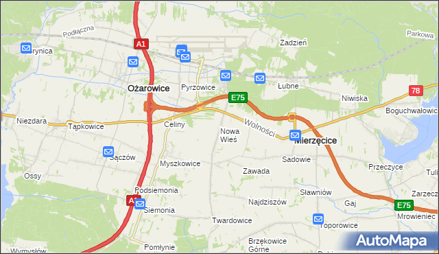 mapa Nowa Wieś gmina Mierzęcice, Nowa Wieś gmina Mierzęcice na mapie Targeo
