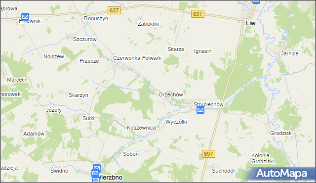 mapa Orzechów gmina Wierzbno, Orzechów gmina Wierzbno na mapie Targeo