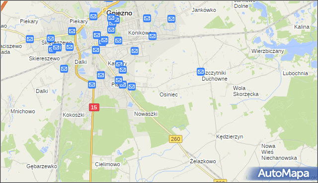 mapa Osiniec gmina Gniezno, Osiniec gmina Gniezno na mapie Targeo