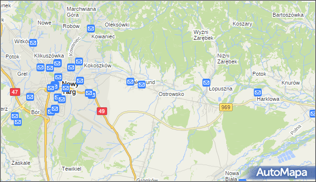 mapa Ostrowsko gmina Nowy Targ, Ostrowsko gmina Nowy Targ na mapie Targeo