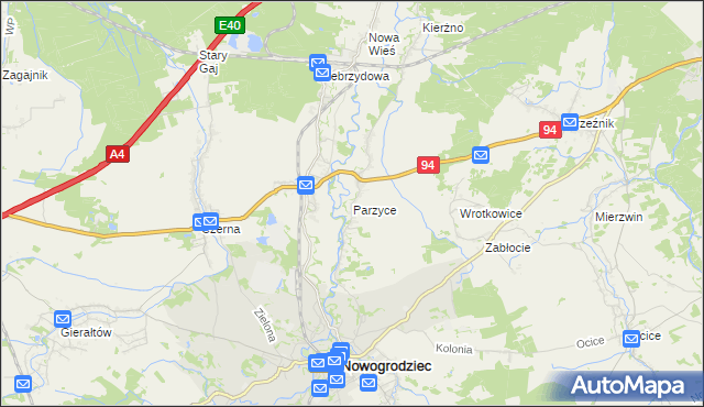 mapa Parzyce gmina Nowogrodziec, Parzyce gmina Nowogrodziec na mapie Targeo