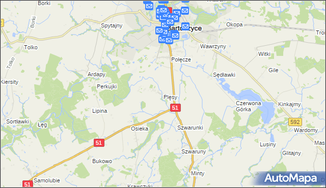 mapa Plęsy gmina Bartoszyce, Plęsy gmina Bartoszyce na mapie Targeo