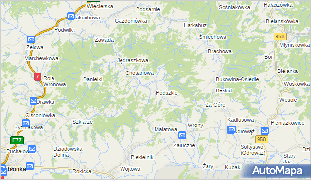 mapa Podszkle gmina Czarny Dunajec, Podszkle gmina Czarny Dunajec na mapie Targeo