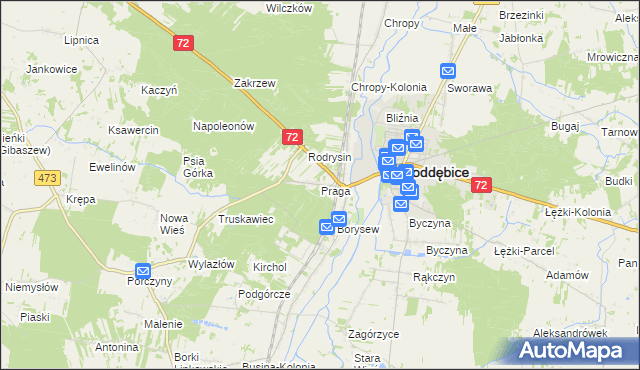 mapa Praga gmina Poddębice, Praga gmina Poddębice na mapie Targeo