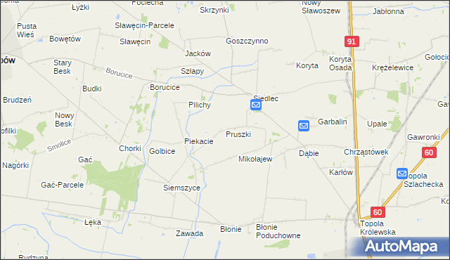 mapa Pruszki gmina Łęczyca, Pruszki gmina Łęczyca na mapie Targeo