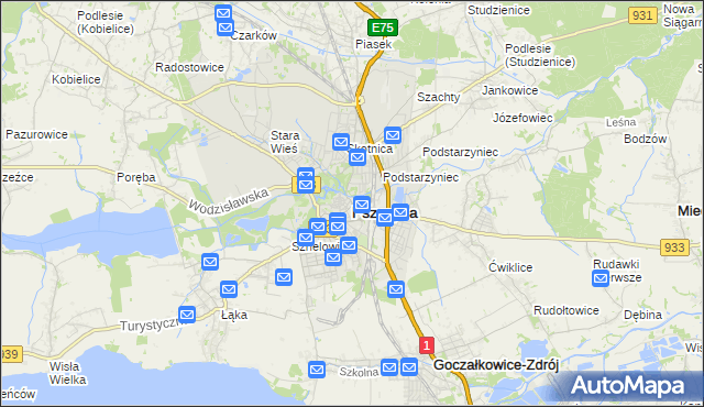 mapa Pszczyny, Pszczyna na mapie Targeo