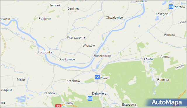 mapa Roszkowice gmina Bogdaniec, Roszkowice gmina Bogdaniec na mapie Targeo
