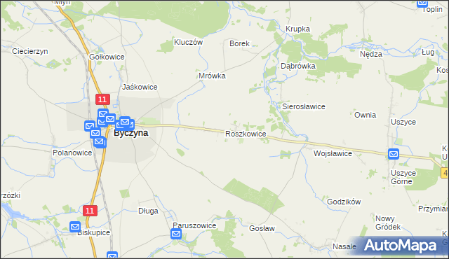 mapa Roszkowice gmina Byczyna, Roszkowice gmina Byczyna na mapie Targeo