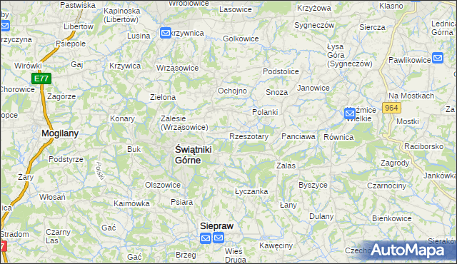 mapa Rzeszotary gmina Świątniki Górne, Rzeszotary gmina Świątniki Górne na mapie Targeo