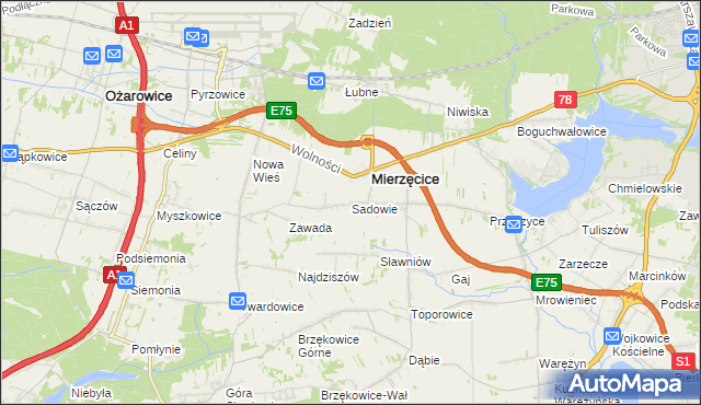 mapa Sadowie gmina Mierzęcice, Sadowie gmina Mierzęcice na mapie Targeo