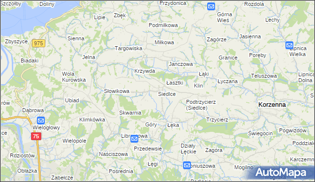 mapa Siedlce gmina Korzenna, Siedlce gmina Korzenna na mapie Targeo