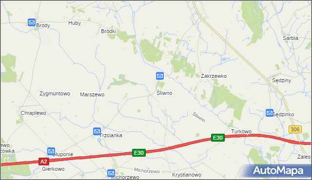 mapa Śliwno gmina Kuślin, Śliwno gmina Kuślin na mapie Targeo