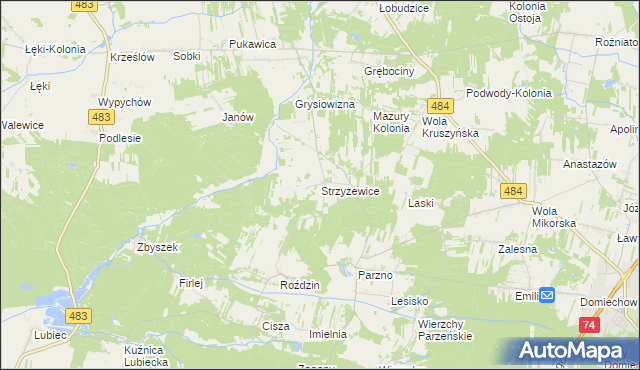 mapa Strzyżewice gmina Kluki, Strzyżewice gmina Kluki na mapie Targeo