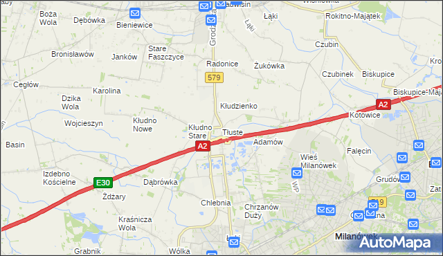 mapa Tłuste gmina Grodzisk Mazowiecki, Tłuste gmina Grodzisk Mazowiecki na mapie Targeo