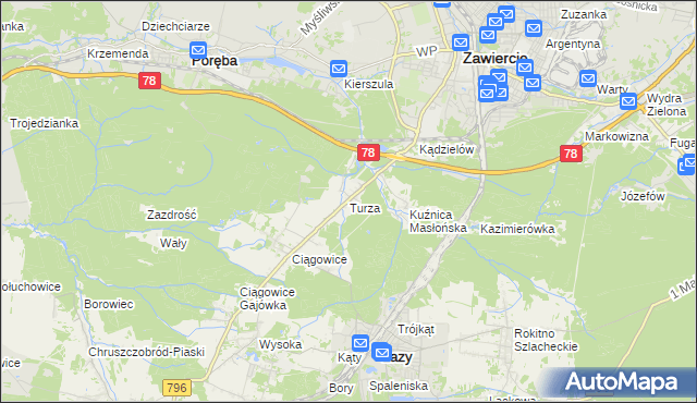 mapa Turza gmina Łazy, Turza gmina Łazy na mapie Targeo