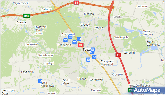 mapa Tuszyn powiat łódzki wschodni, Tuszyn powiat łódzki wschodni na mapie Targeo