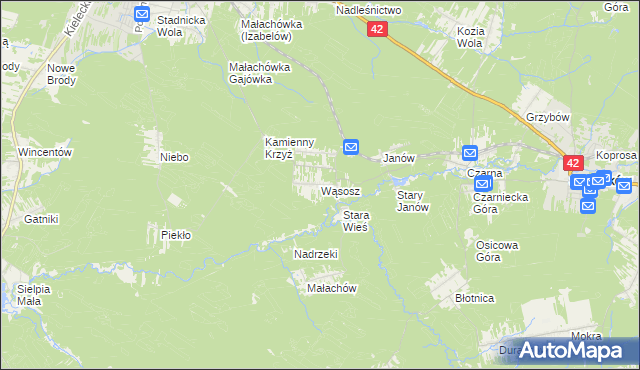 mapa Wąsosz gmina Końskie, Wąsosz gmina Końskie na mapie Targeo