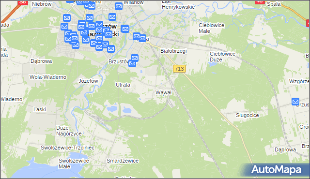 mapa Wąwał gmina Tomaszów Mazowiecki, Wąwał gmina Tomaszów Mazowiecki na mapie Targeo