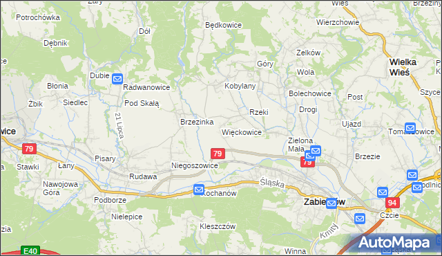 mapa Więckowice gmina Zabierzów, Więckowice gmina Zabierzów na mapie Targeo