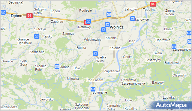 mapa Wielka Wieś gmina Wojnicz, Wielka Wieś gmina Wojnicz na mapie Targeo