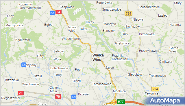 mapa Wielka Wieś powiat krakowski, Wielka Wieś powiat krakowski na mapie Targeo