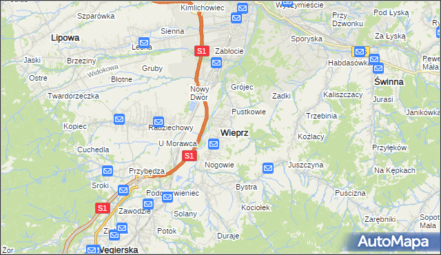 mapa Wieprz gmina Radziechowy-Wieprz, Wieprz gmina Radziechowy-Wieprz na mapie Targeo