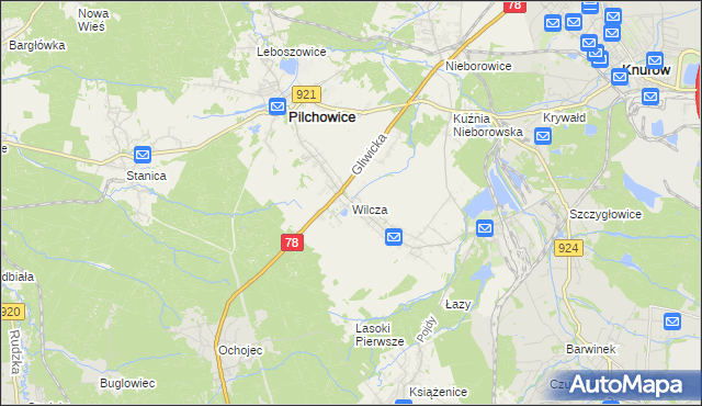 mapa Wilcza gmina Pilchowice, Wilcza gmina Pilchowice na mapie Targeo