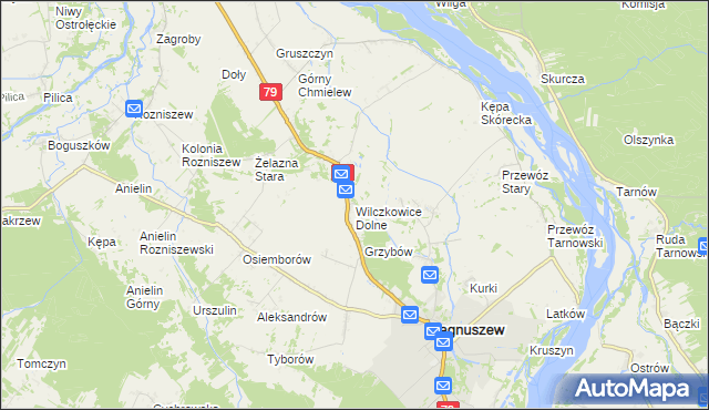 mapa Wilczkowice Dolne gmina Magnuszew, Wilczkowice Dolne gmina Magnuszew na mapie Targeo