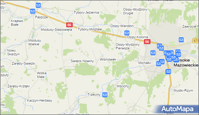 mapa Wiśniówek gmina Wysokie Mazowieckie, Wiśniówek gmina Wysokie Mazowieckie na mapie Targeo