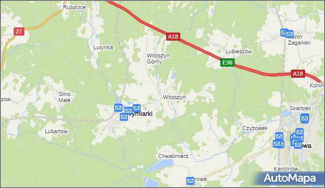 mapa Witoszyn gmina Wymiarki, Witoszyn gmina Wymiarki na mapie Targeo