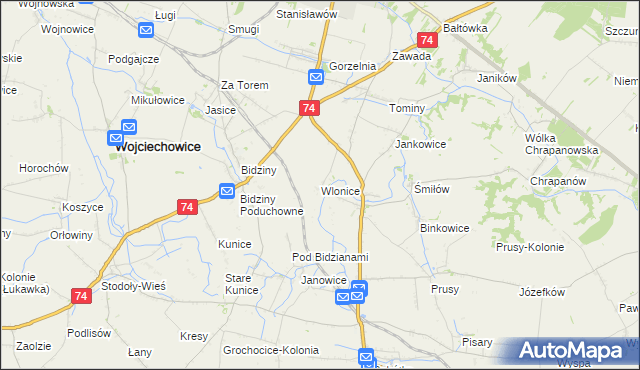 mapa Wlonice gmina Wojciechowice, Wlonice gmina Wojciechowice na mapie Targeo