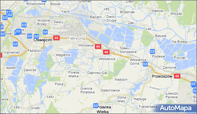 mapa Włosienica gmina Oświęcim, Włosienica gmina Oświęcim na mapie Targeo