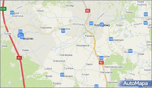 mapa Wojsławice gmina Koziegłowy, Wojsławice gmina Koziegłowy na mapie Targeo