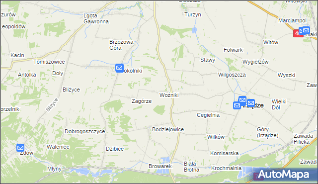 mapa Woźniki gmina Irządze, Woźniki gmina Irządze na mapie Targeo