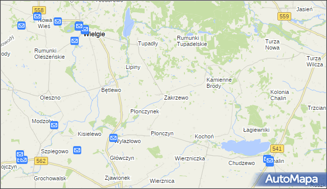 mapa Zakrzewo gmina Wielgie, Zakrzewo gmina Wielgie na mapie Targeo