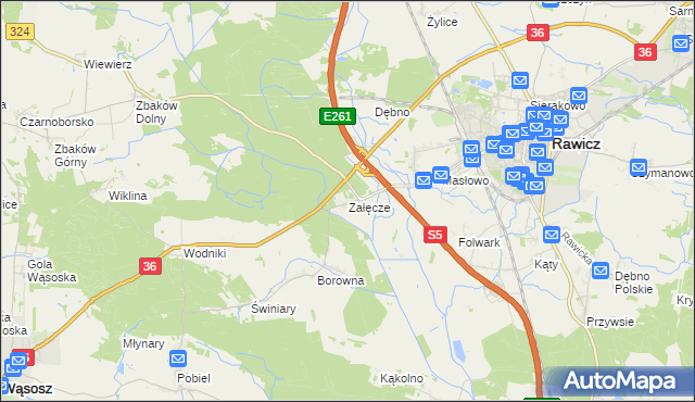 mapa Załęcze gmina Rawicz, Załęcze gmina Rawicz na mapie Targeo