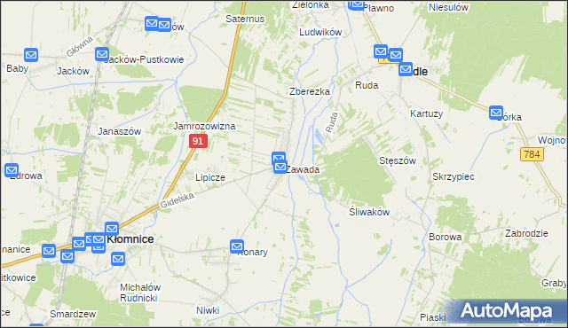 mapa Zawada gmina Kłomnice, Zawada gmina Kłomnice na mapie Targeo