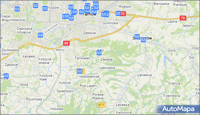 mapa Zawada gmina Tarnów, Zawada gmina Tarnów na mapie Targeo