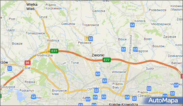 mapa Zielonki powiat krakowski, Zielonki powiat krakowski na mapie Targeo