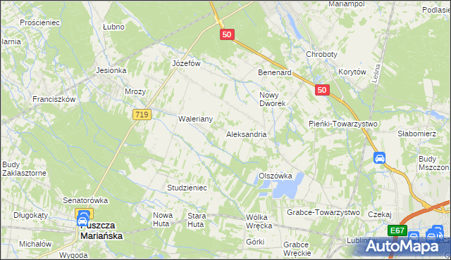 mapa Aleksandria gmina Puszcza Mariańska, Aleksandria gmina Puszcza Mariańska na mapie Targeo
