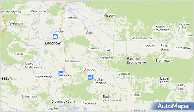 mapa Andrzejów gmina Brochów, Andrzejów gmina Brochów na mapie Targeo