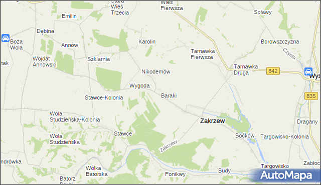 mapa Baraki gmina Zakrzew, Baraki gmina Zakrzew na mapie Targeo